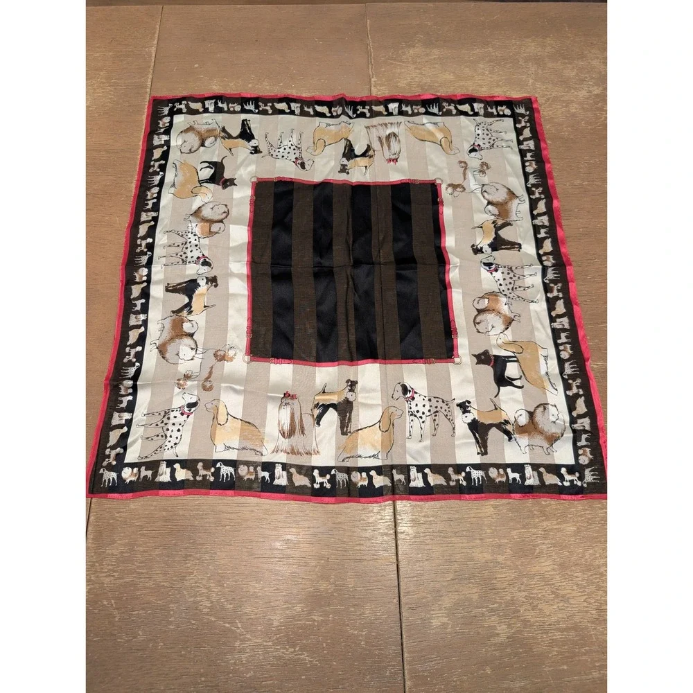 Vintage Style Dog Breed Print Square Scarf Striped Silk Blend Parisian purse